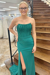 Mermaid Emerald Green Prom Dress Corset Long Formal Dress With Lace